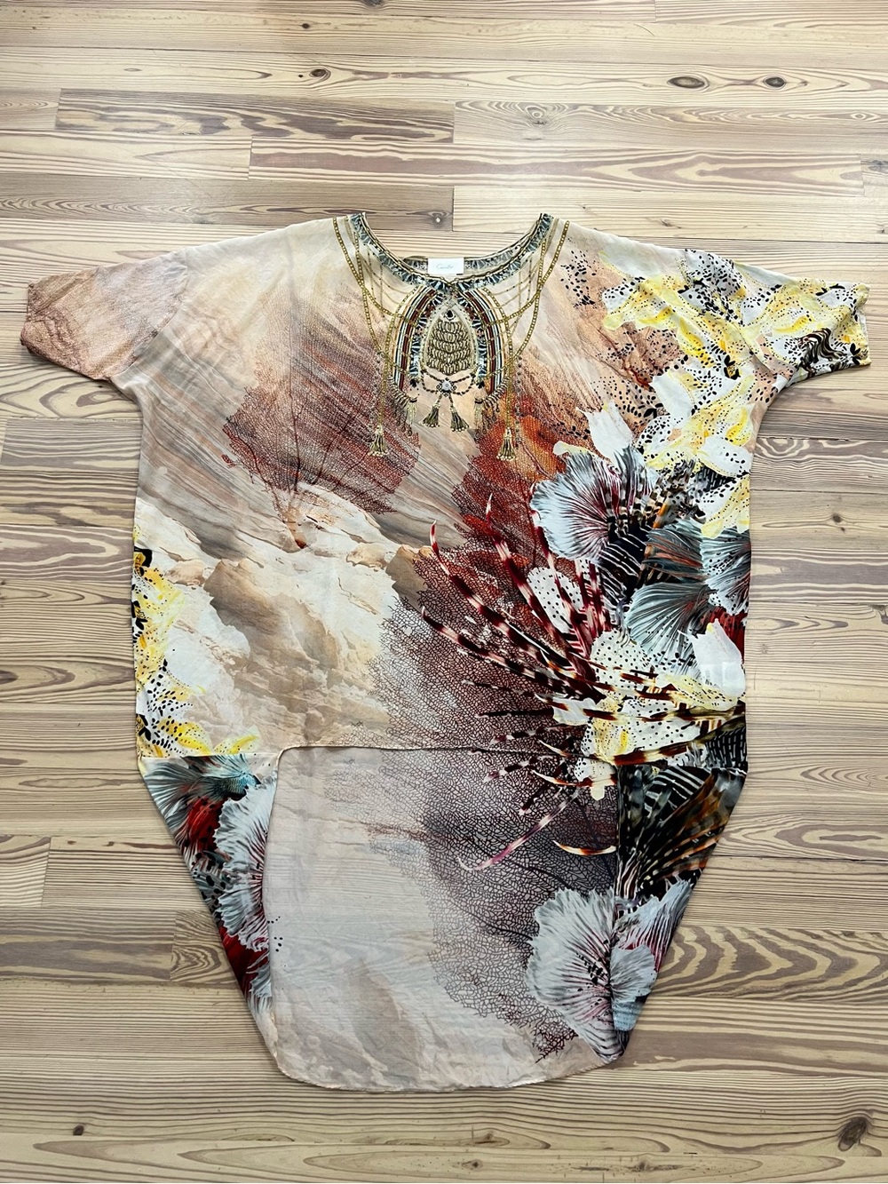 Camilla Boho Floral Printed Kaftan Tunic Top Yellow & Rust One Size